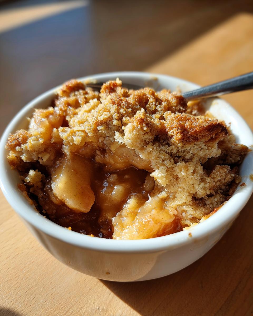 Close-up of a warm, individual serving of apple crumble with a thick, golden-brown topping in a white bowl.