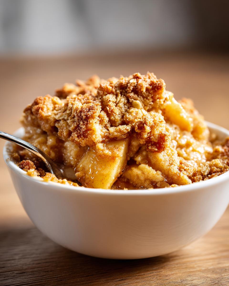 A close-up of a warm, individual serving of apple crumble in a white bowl with a spoon.