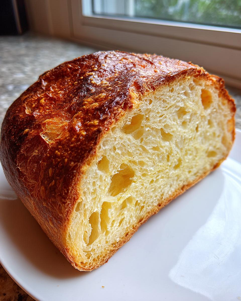 A close-up view of a slice of golden Italian bread showing a beautiful, airy, open crumb structure.