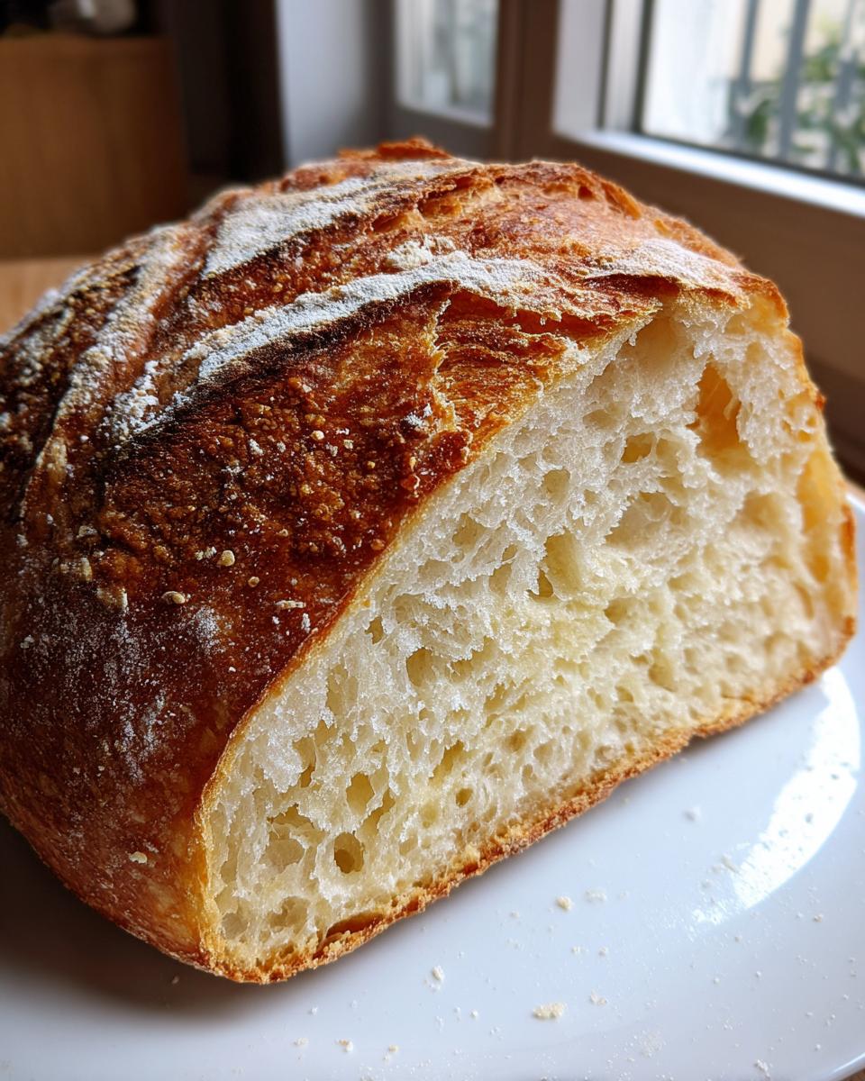 Close-up of a freshly baked Italian bread loaf, showing the open, airy crumb structure and a deeply browned, scored crust.