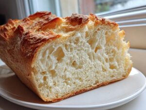 Close-up of the open crumb structure of a freshly baked Italian bread loaf on a white plate.