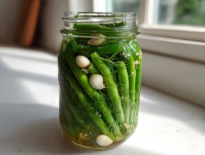 A clear glass jar filled with fresh green beans, dill, and whole garlic cloves for making dilly beans.