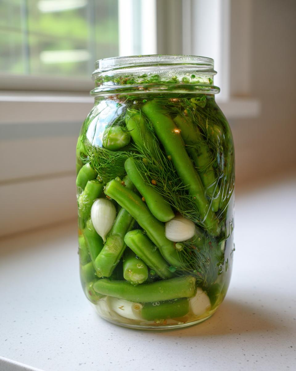 A clear glass mason jar filled with fresh green beans, dill fronds, and whole garlic cloves, ready to be made into dilly beans.