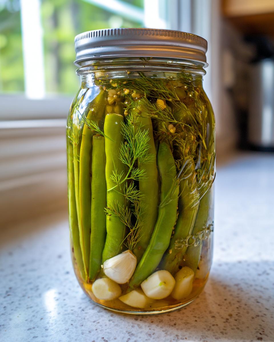 A tall glass jar filled with bright green dilly beans, fresh dill sprigs, garlic cloves, and pickling spices.