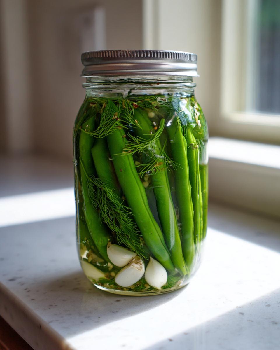 A glass jar filled with fresh green beans, dill, garlic cloves, and pickling liquid for making dilly beans.