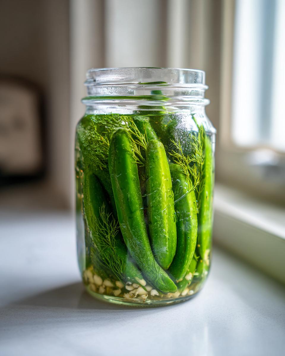 A glass jar filled with fresh cucumbers, dill sprigs, and garlic cloves for making refrigerator pickles.