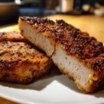 Close-up of juicy, perfectly cooked air fryer pork chops, one cut in half showing the tender interior and seasoned crust.