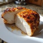 Cross-section view of a perfectly cooked baked chicken breast showing juicy white meat and a seasoned, golden-brown crust.