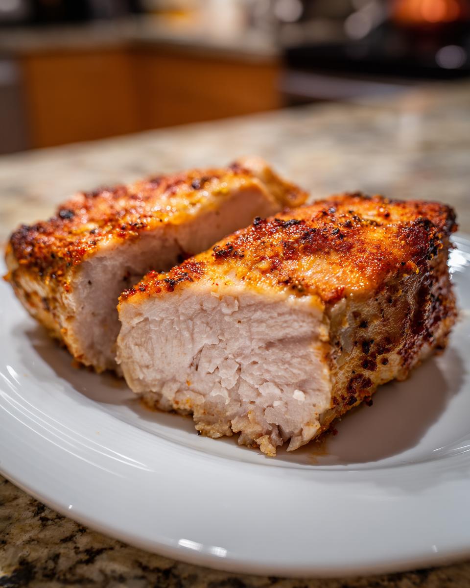 Cross-section view of a perfectly cooked baked chicken breast, showing moist white meat and a seasoned, golden-brown crust.