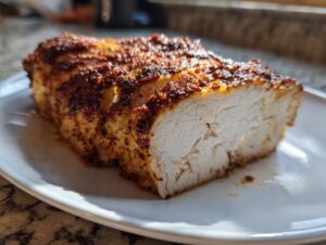 Close-up of a juicy baked chicken breast, sliced to show the white, tender interior and seasoned, browned crust.