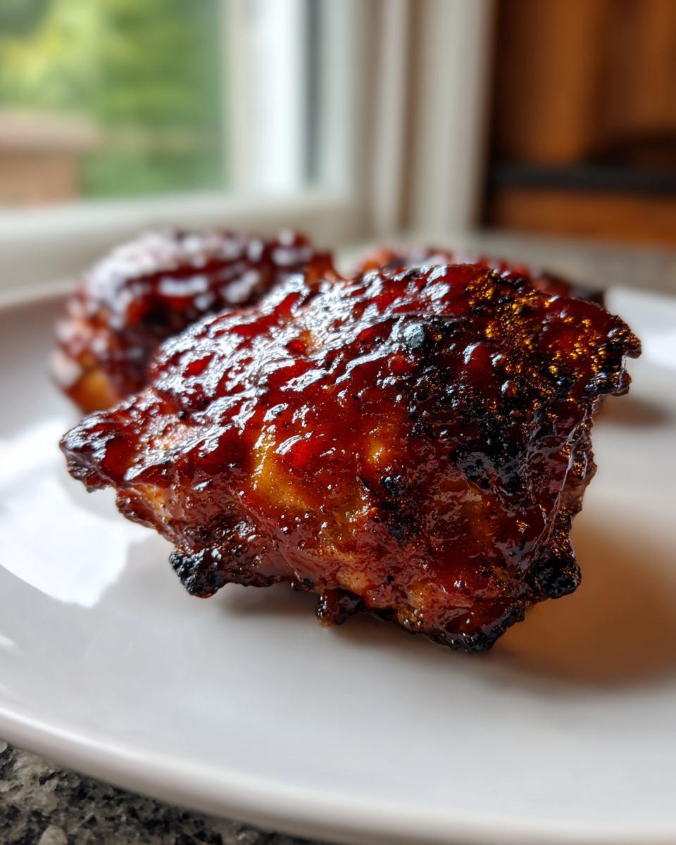 Close-up of a piece of juicy bbq chicken coated in a thick, glossy, dark red glaze.