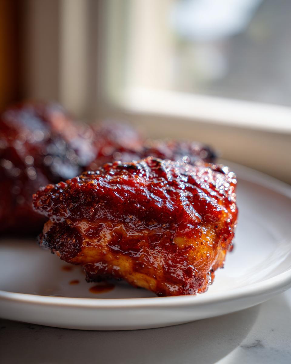Close-up of a piece of juicy BBQ chicken coated in a thick, glossy, dark red barbecue sauce.