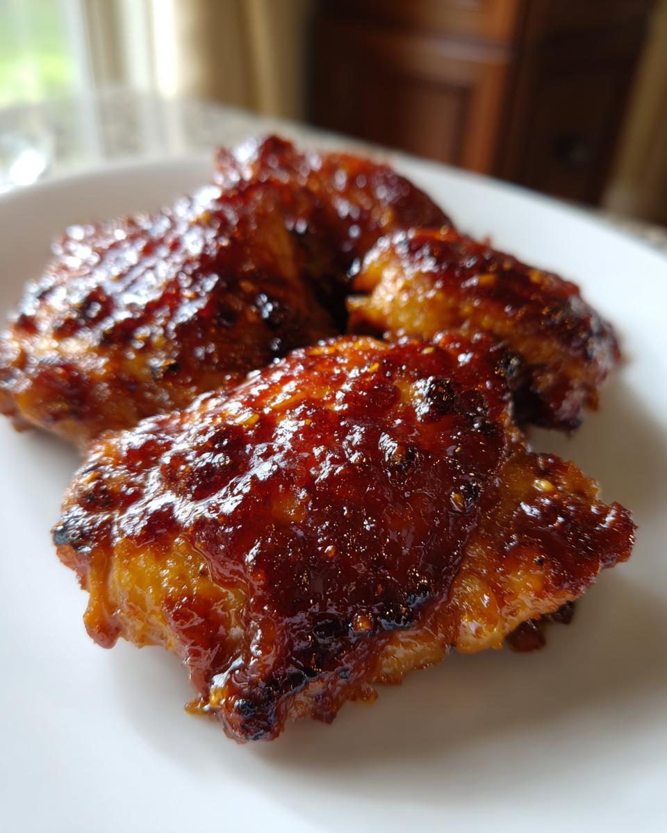 Close-up of three pieces of juicy BBQ chicken covered in a thick, glossy, caramelized sauce on a white plate.