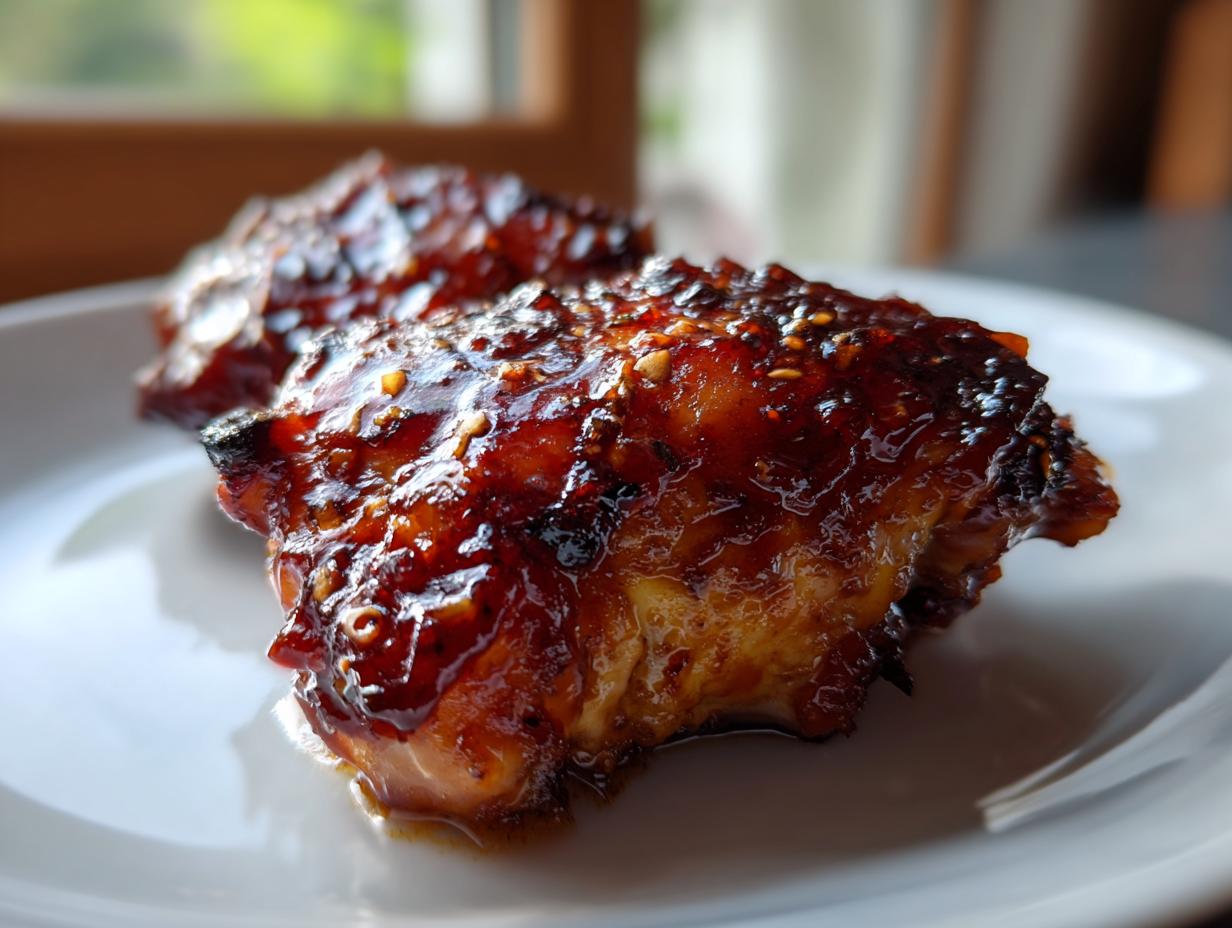 Close-up of two pieces of juicy BBQ chicken coated in a thick, glossy, dark brown glaze with sesame seeds.