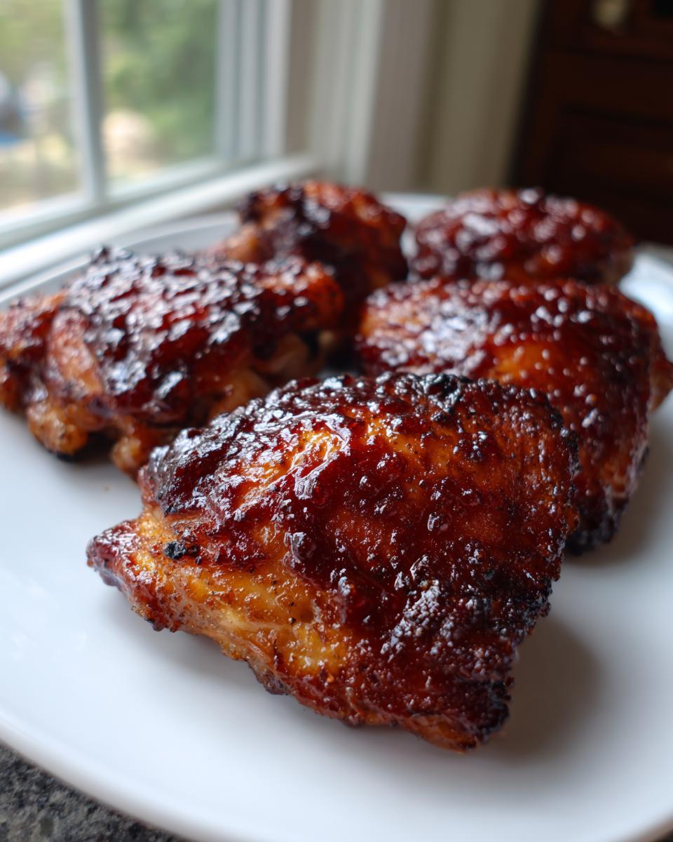 Close-up of several juicy BBQ chicken thighs coated in a thick, dark, glossy sauce.