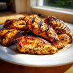 Close-up of grilled, juicy chicken tenders coated in herbs, showing char marks from the best chicken marinade.