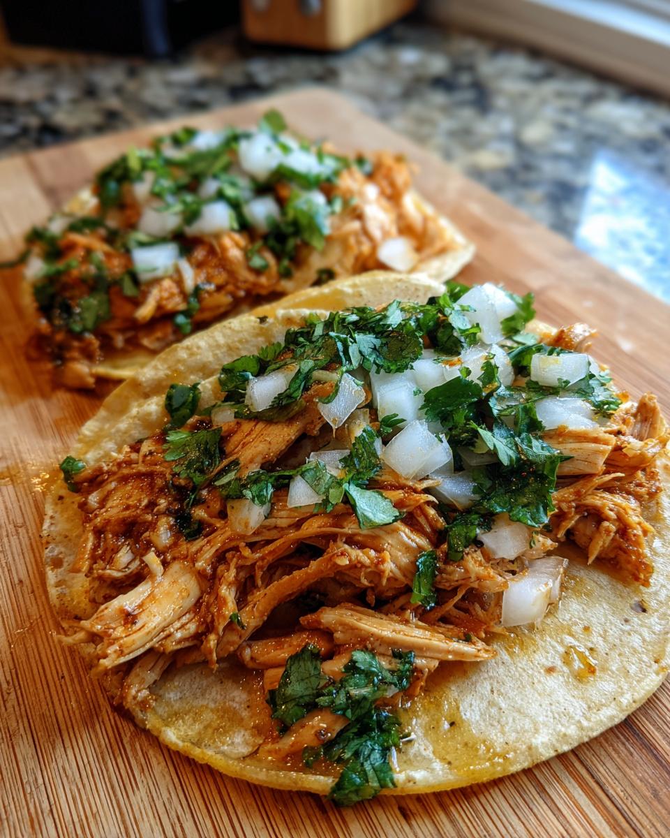Close-up of two street-style chicken tacos filled with shredded chicken and topped with diced white onion and fresh cilantro.