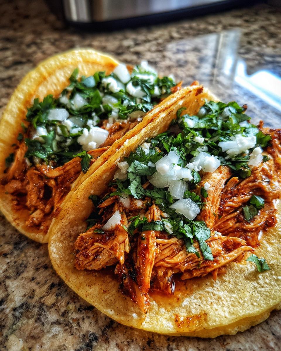 Two delicious chicken tacos filled with shredded seasoned chicken, topped with fresh cilantro and diced white onion.