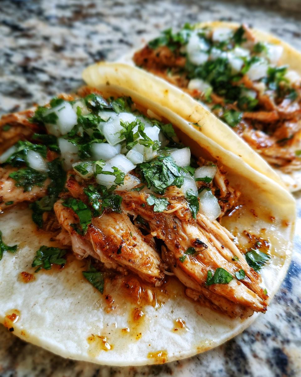 Close-up of two soft tortilla chicken tacos filled with seasoned shredded chicken, topped with diced white onion and fresh cilantro.