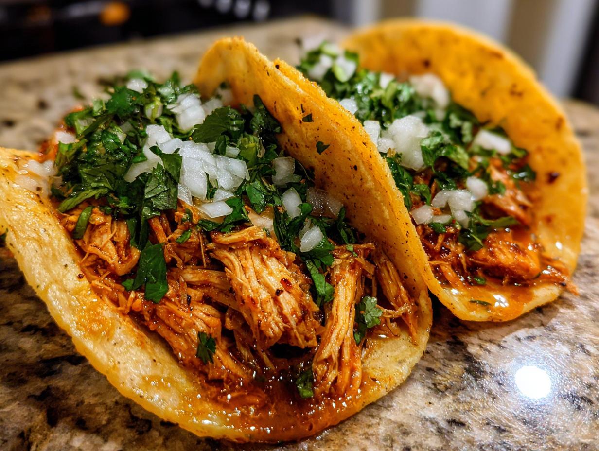 Close-up of two delicious, saucy chicken tacos topped with fresh cilantro and diced white onion.
