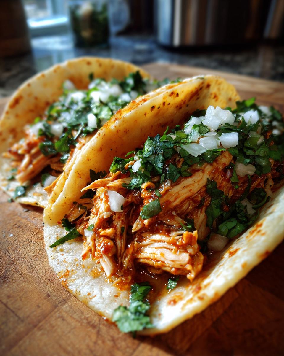 Two delicious chicken tacos filled with shredded chicken in sauce, topped with diced white onion and cilantro.
