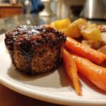 Close-up of a single, glazed mini meatloaf served with roasted carrots and potatoes.