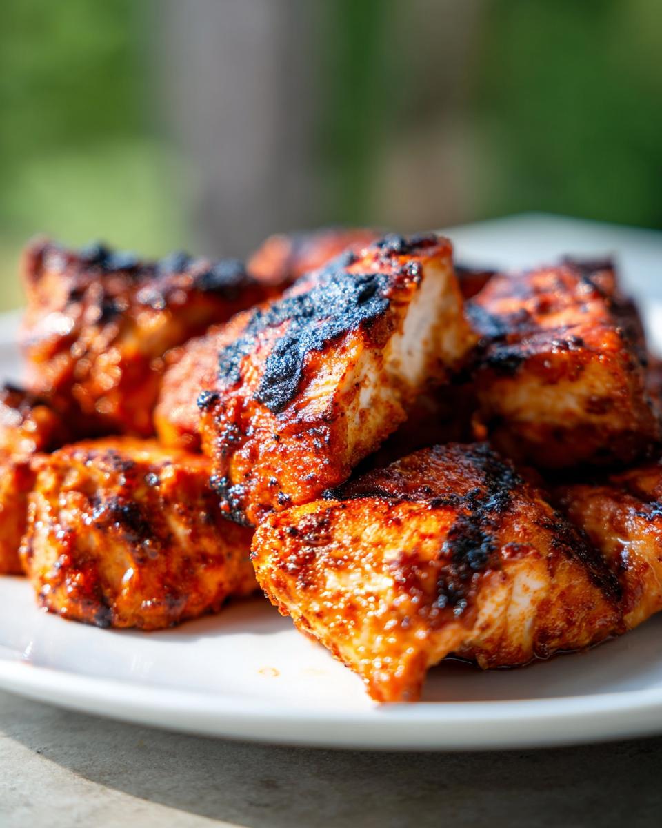 Close-up of perfectly grilled, bright red chicken pieces showing char marks, likely from a great chicken marinade.
