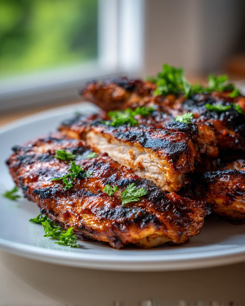Close-up of grilled chicken pieces showing juicy interior, likely from a great chicken marinade.