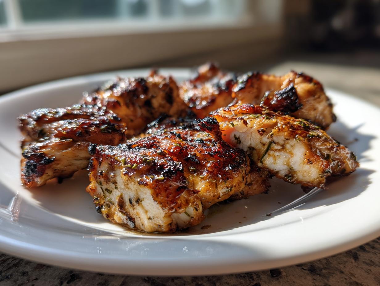 Close-up of grilled, juicy chicken pieces showing herbs from the chicken marinade, cut open to reveal white meat.