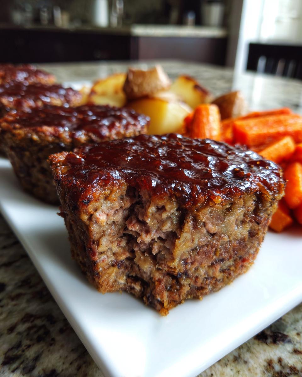 Close-up of a juicy mini meatloaf with a thick glaze, showing a bite taken out, served with carrots and potatoes.
