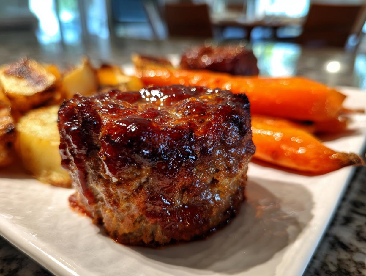 Close-up of a juicy mini meatloaf with a shiny glaze, served alongside roasted carrots and potatoes.