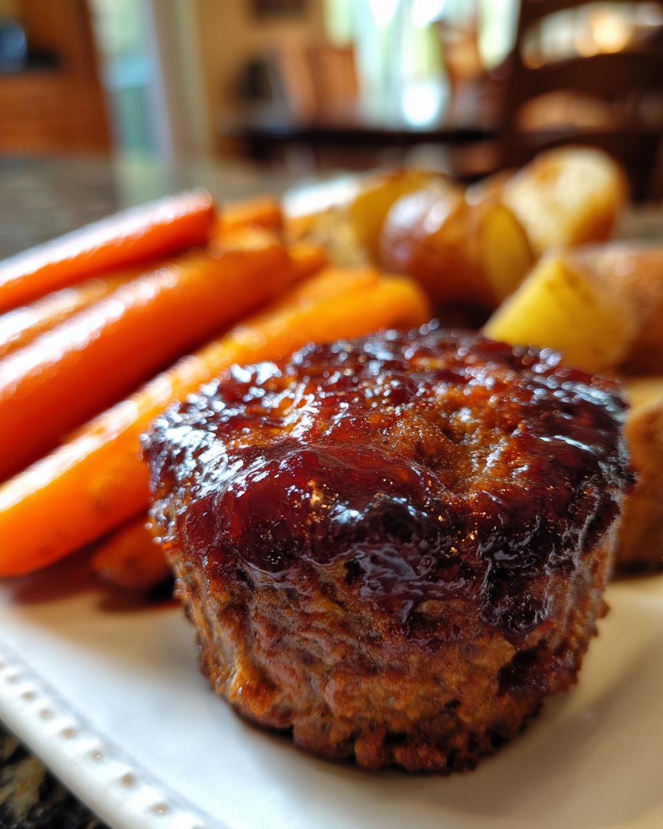 Close-up of a perfectly glazed mini meatloaf served alongside bright orange carrots and roasted potatoes.