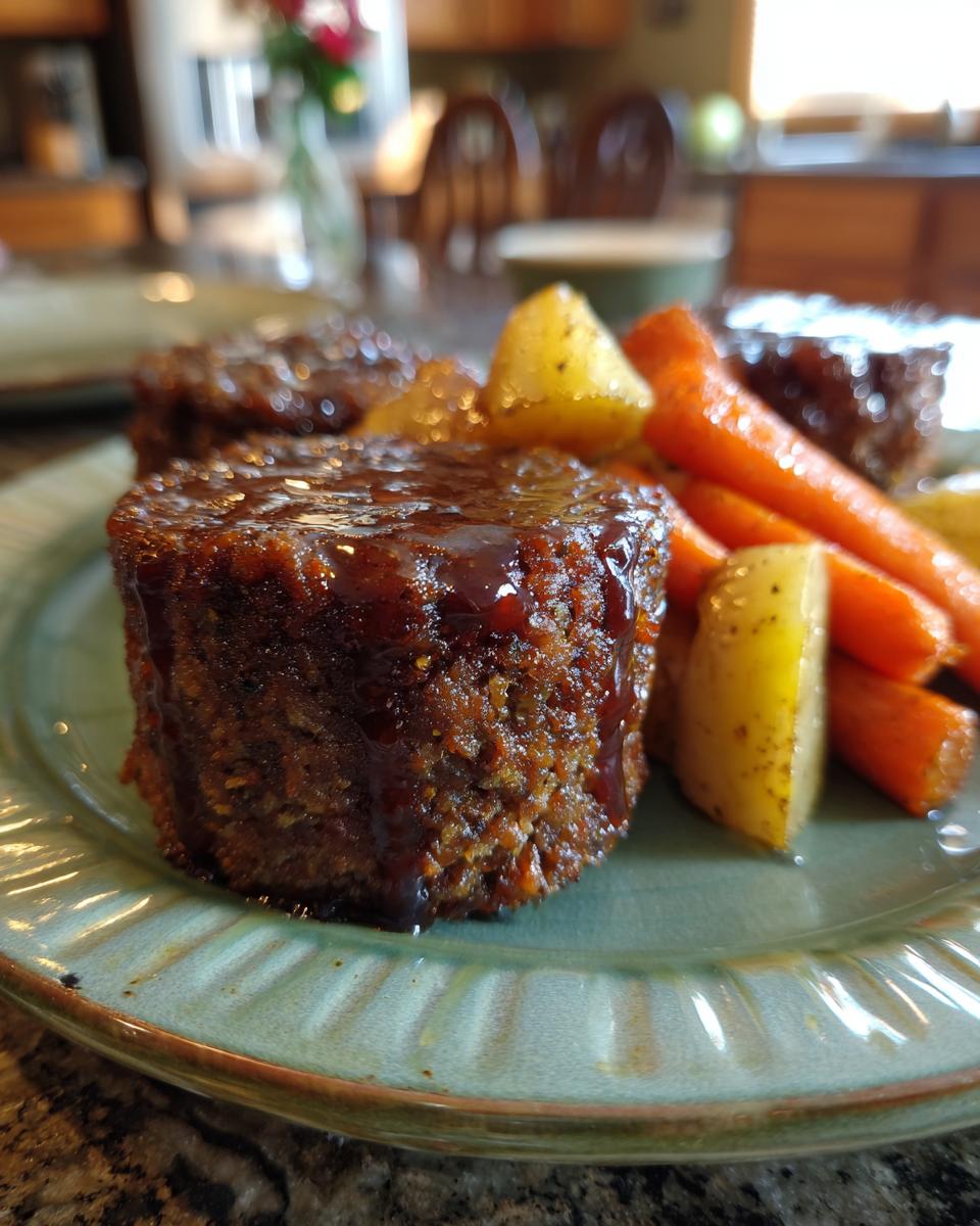 A close-up of a perfectly formed mini meatloaf topped with dark glaze, served alongside roasted carrots and potatoes.