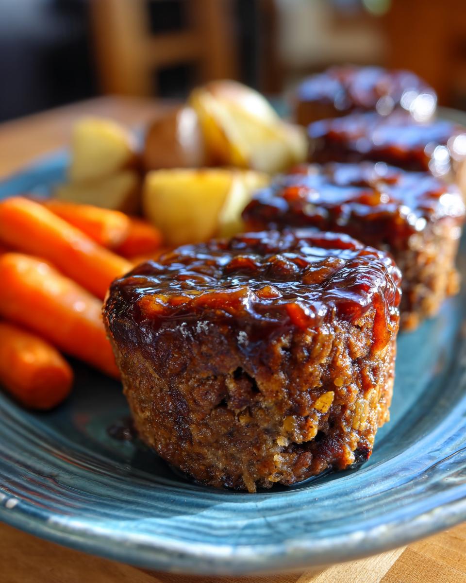 Close-up of a juicy mini meatloaf topped with a thick glaze, served alongside steamed carrots and roasted potatoes.