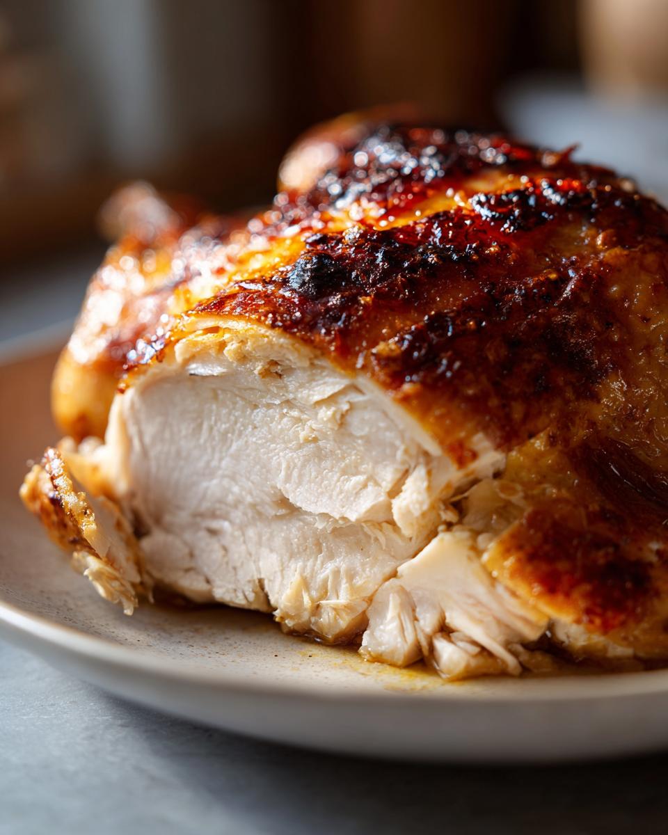 Close-up of a perfectly cooked roasted chicken, showing moist white meat and deeply browned, crispy skin.