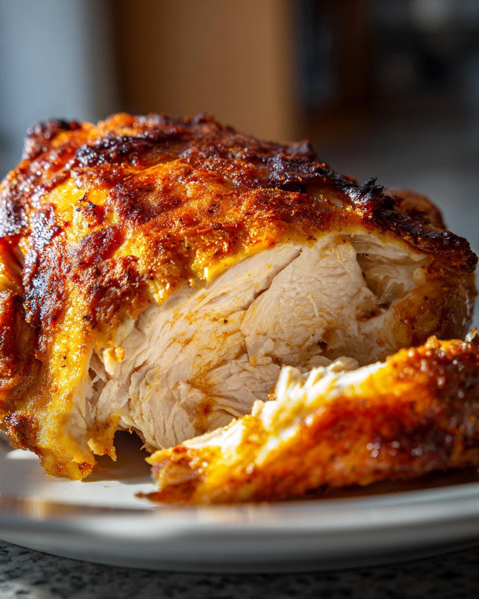 Close-up of perfectly cooked, juicy roasted chicken breast showing moist white meat and richly seasoned, crispy skin.