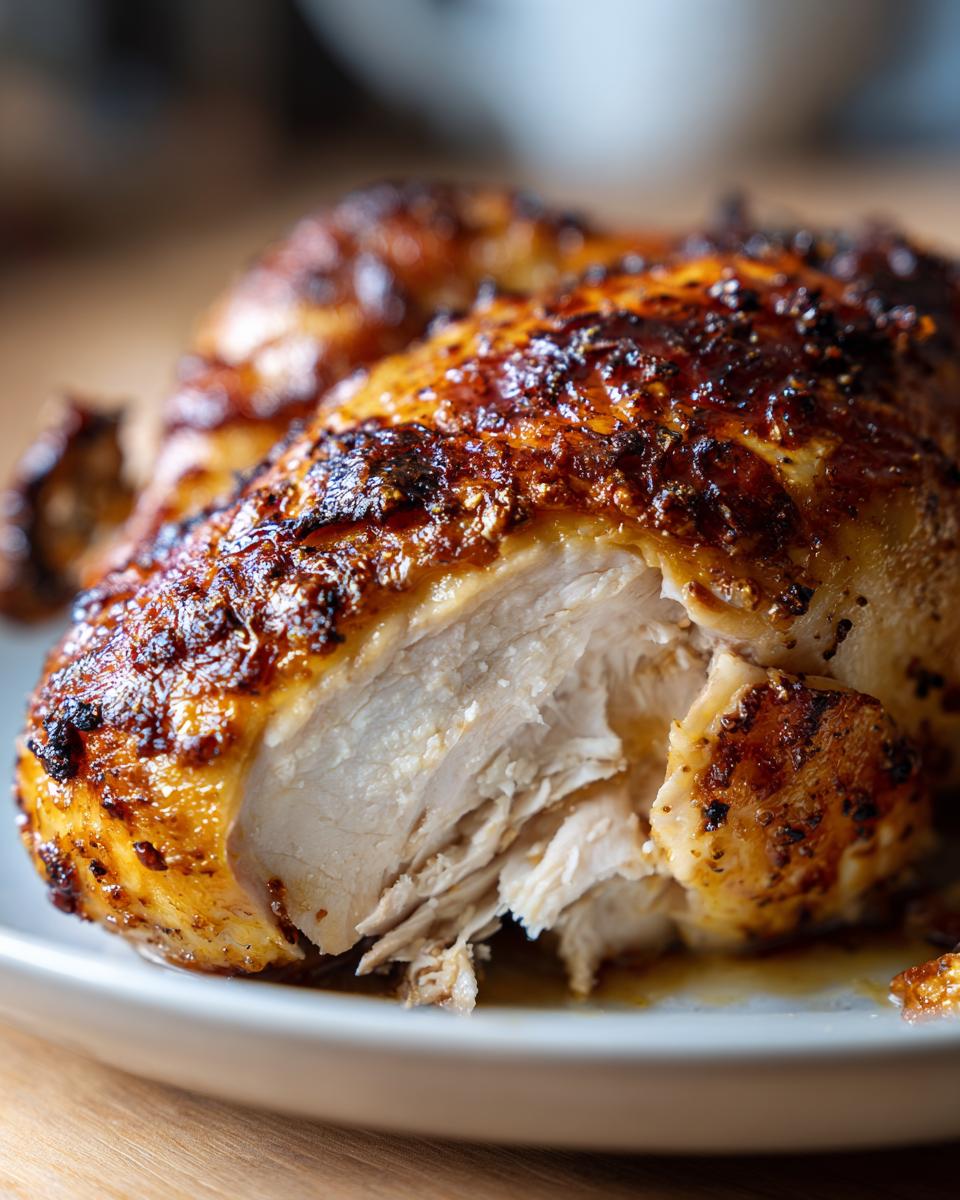 Close-up of a perfectly roasted chicken, showing a piece carved away to reveal juicy white meat and crispy, seasoned skin.
