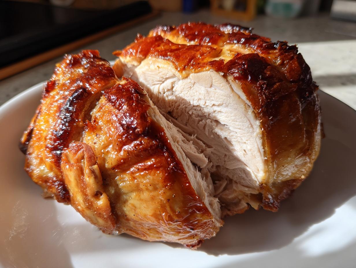 A perfectly cooked roasted chicken, sliced to show the juicy white meat and crispy, golden-brown skin.