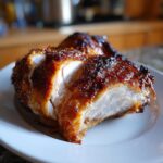 Close-up of juicy, sliced roasted chicken breast with crispy, dark brown skin on a white plate.