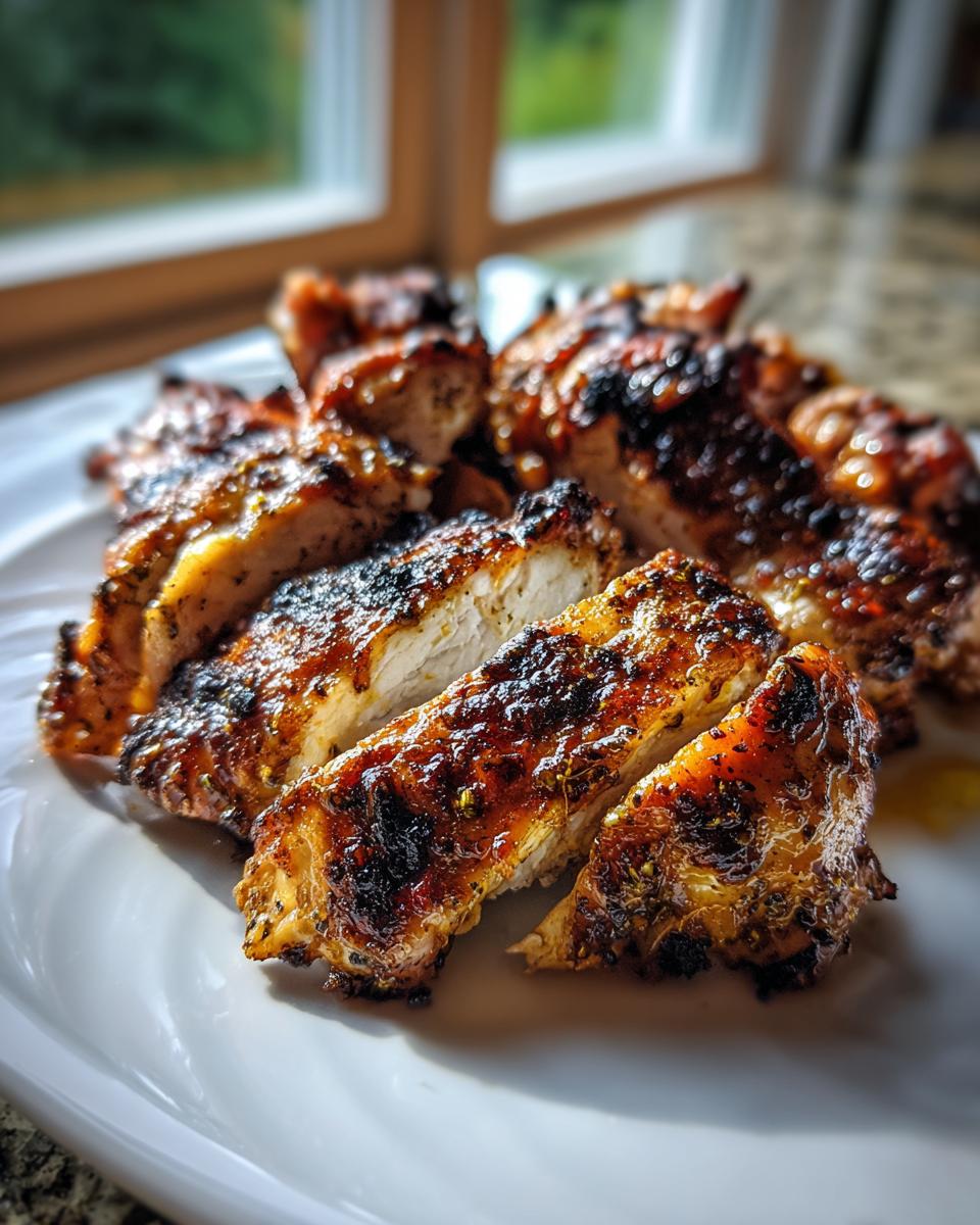 Close-up of sliced, grilled chicken breast showing juicy white interior and caramelized exterior from the best chicken marinade.