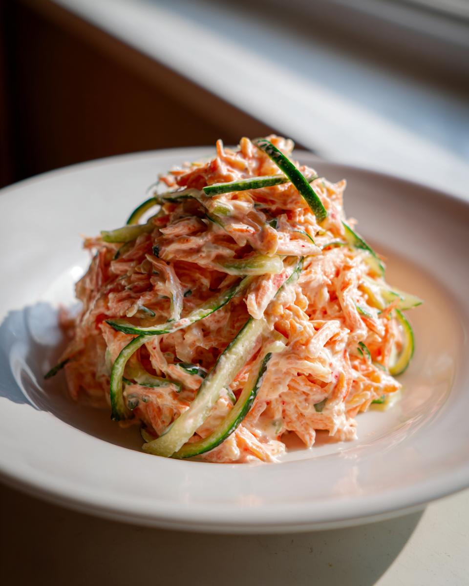 A mound of creamy, shredded kani salad mixed with thin cucumber ribbons served on a white plate.