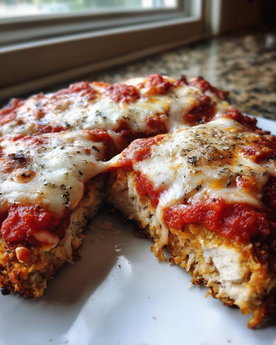 Close-up of keto chicken parmesan cut in half, showing melted mozzarella, marinara sauce, and seasoned crust.
