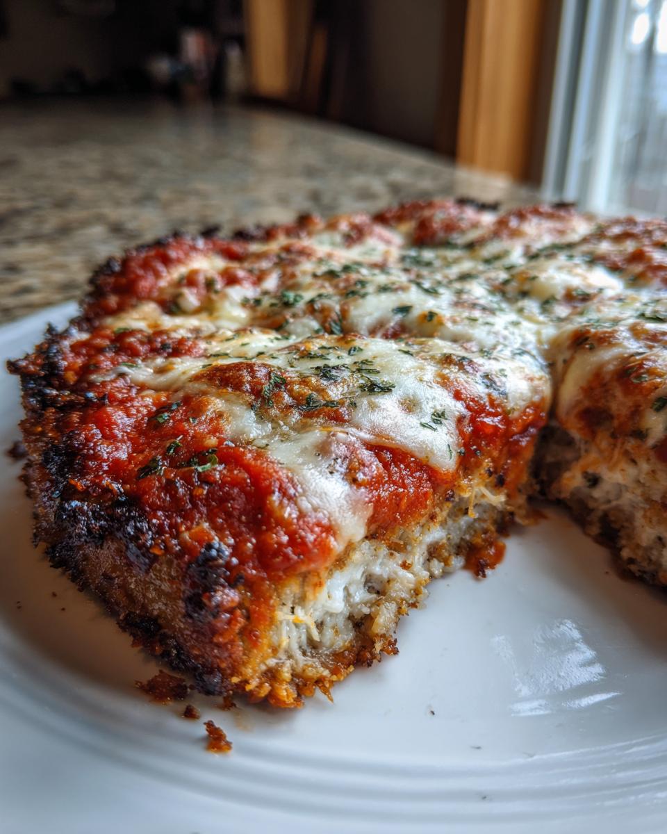 A thick slice of keto chicken parmesan topped with rich tomato sauce and melted mozzarella cheese, sprinkled with herbs.