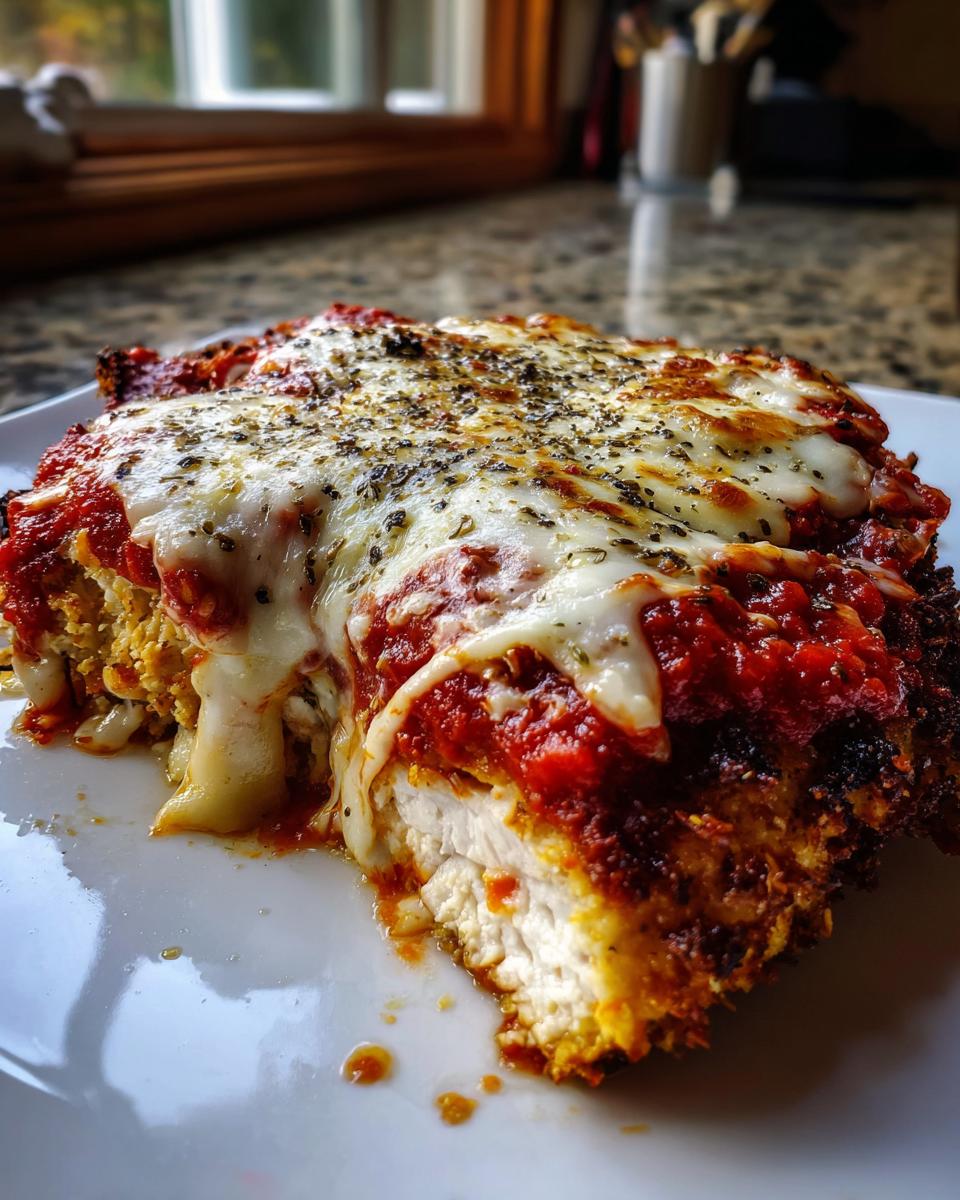 A close-up cross-section of keto chicken parmesan showing juicy white chicken breast topped with marinara sauce and melted mozzarella cheese.