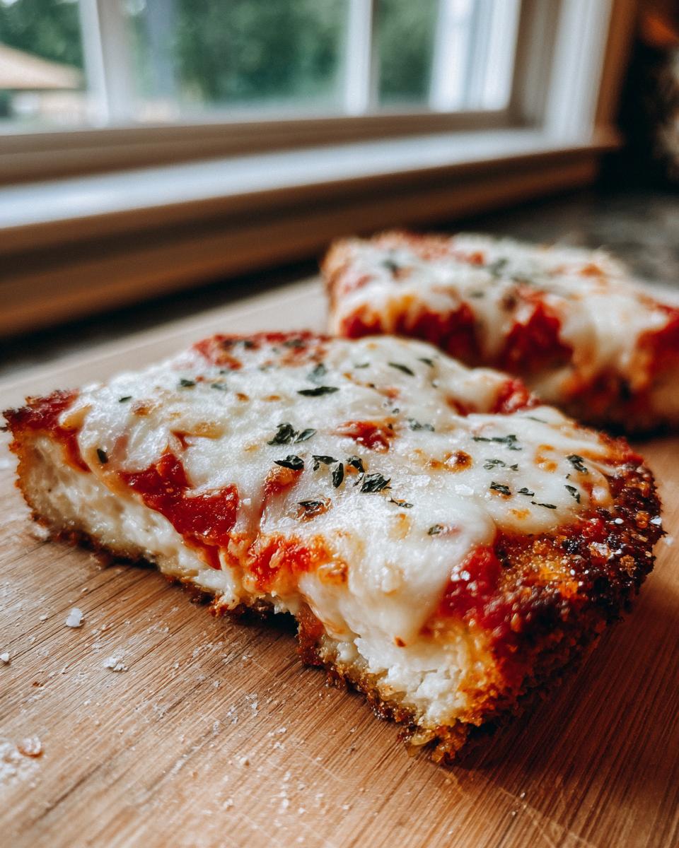 A close-up view of a thick slice of keto chicken parmesan topped with melted mozzarella and marinara sauce, resting on a wooden board.