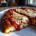 Two slices of crispy, baked keto chicken parmesan topped with melted mozzarella and marinara sauce.