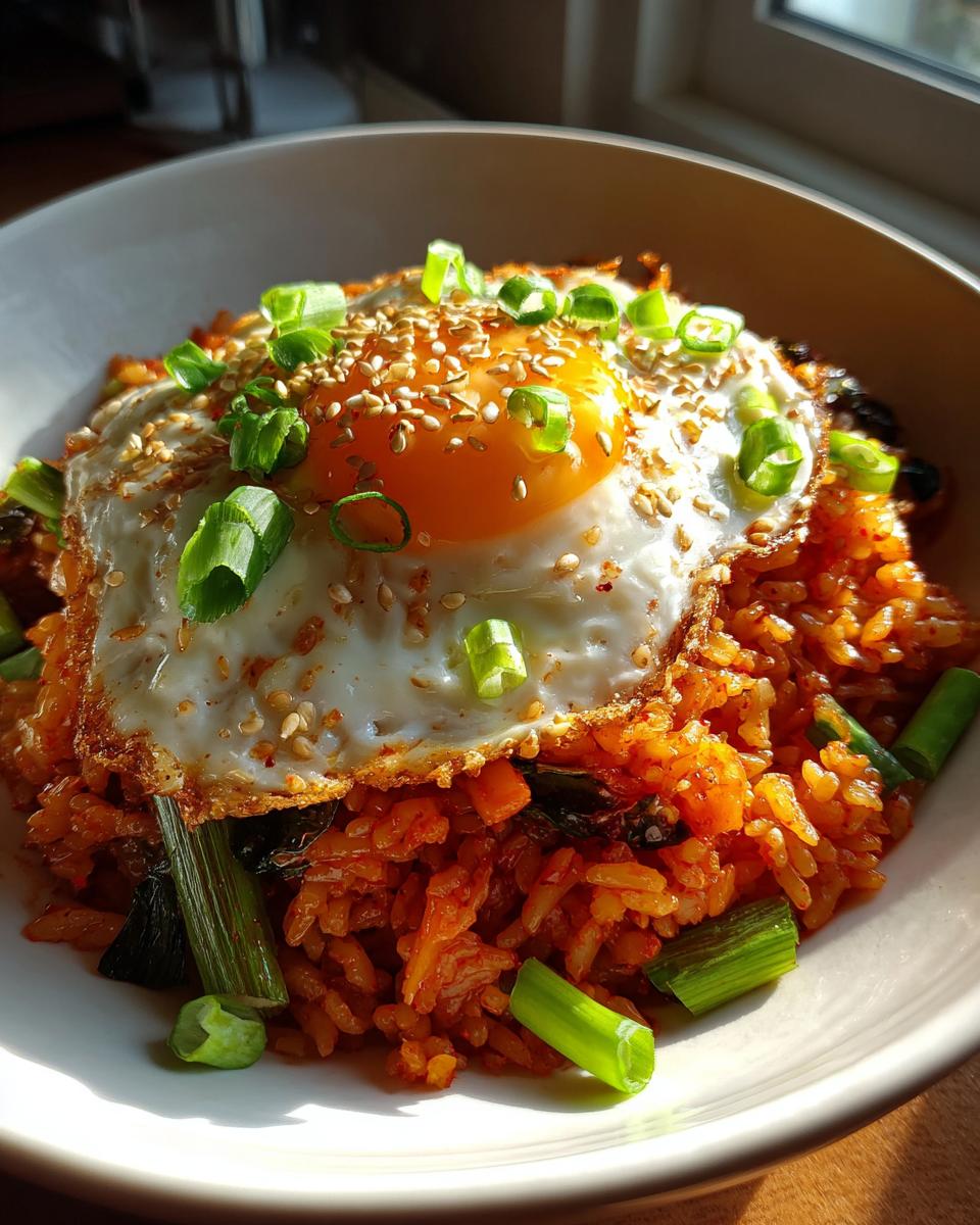 A close-up of vibrant kimchi fried rice topped with a perfectly cooked sunny-side-up egg, sesame seeds, and green onions.