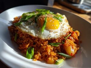 A vibrant plate of kimchi fried rice topped with a sunny-side-up egg, sesame seeds, and green onions.