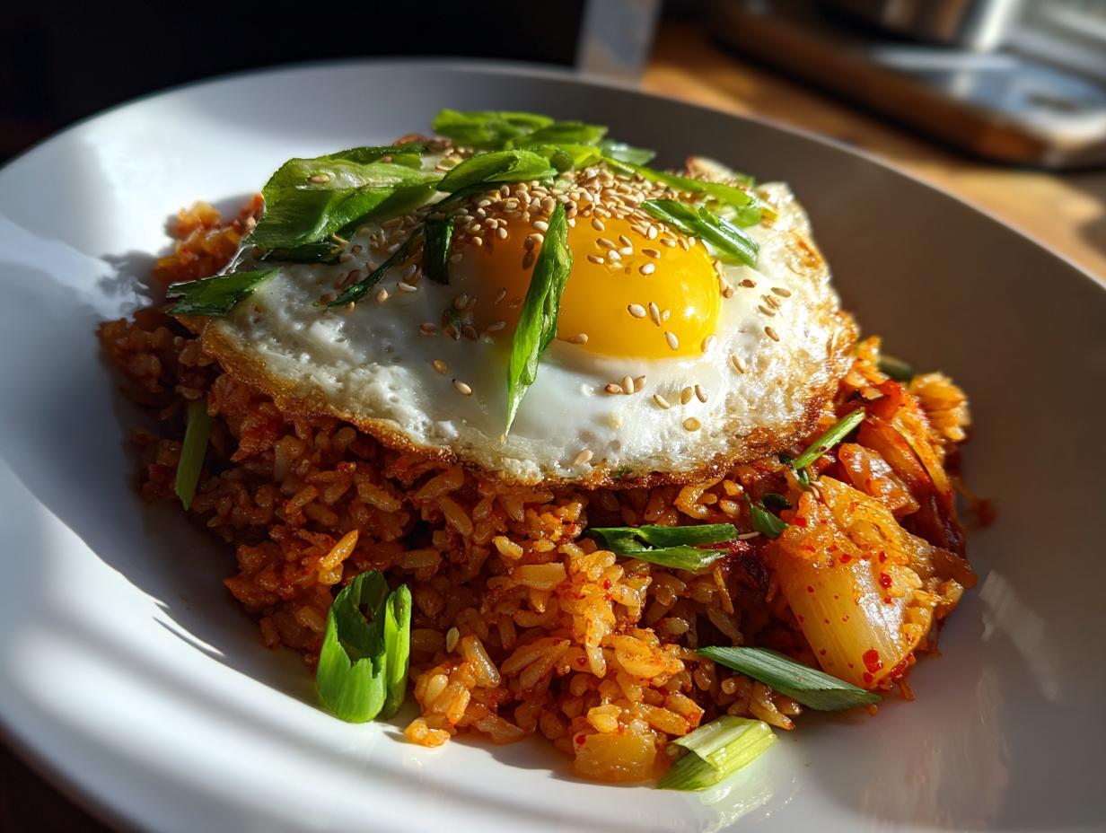A vibrant plate of kimchi fried rice topped with a sunny-side-up egg, sesame seeds, and green onions.