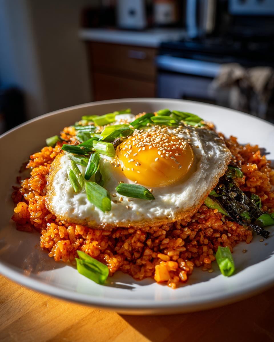 A close-up of vibrant kimchi fried rice topped with a sunny-side-up egg, scallions, and sesame seeds.